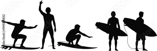 Silhouette vector illustration of five surfers in different poses with surfboards highlighting surfing culture, ocean sport, summer lifestyle, and adventure