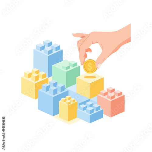 Hand dropping coin into piggy bank building blocks, financial growth concept