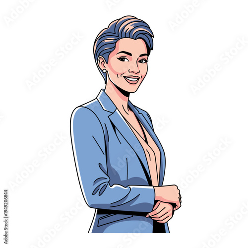 Confident businesswoman in blue suit, smiling, short hair, professional cartoon illustration