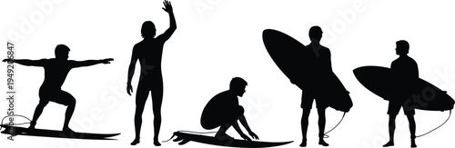 Silhouette vector illustration of five surfers in dynamic poses with surfboards representing surfing culture, beach lifestyle, summer adventure, and ocean sport