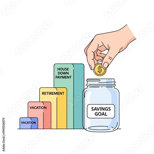 Hand dropping coin into savings jar for retirement, vacation, house down payment goals