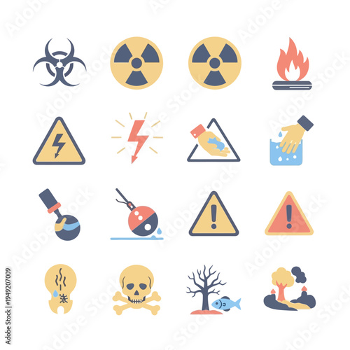 Hazard Symbols Set: Danger, Warning, Biohazard, Radiation, Fire, Electricity, Toxic, Pollution Icons