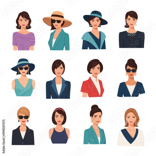 Diverse Women's Fashion Portraits: Elegant Ladies in Stylish Outfits and Hats