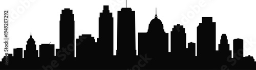 Madison Wisconsin city skyline silhouette with downtown buildings and state capitol isolated on white background, modern American urban architecture panorama