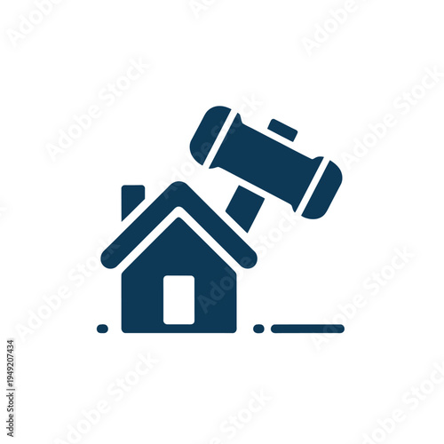Dark blue house icon with gavel, symbolizing real estate auction or property law concept illustration