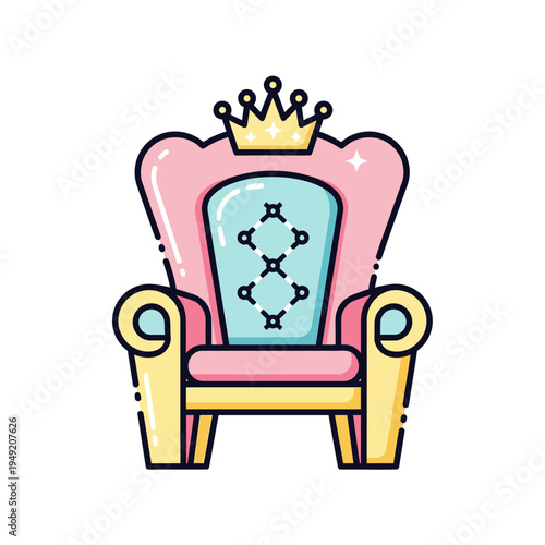 Cartoon Royal Throne with Crown, Pink and Blue Luxury Seat, Icon