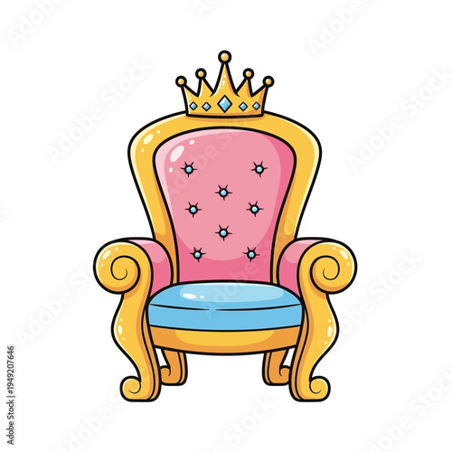 Cartoon Royal Throne with Crown, Pink Velvet Seat, Blue Cushion, Gold Frame - Vector Illustration