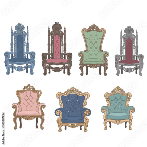 Collection of ornate, regal thrones and armchairs in various colors on white background