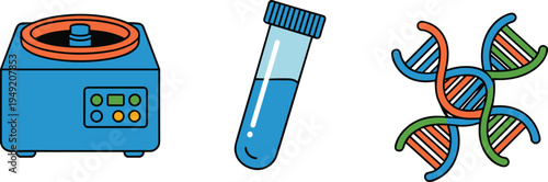 Laboratory centrifuge test tube and colorful DNA helix icons representing biotechnology genetic research medical science laboratory equipment vector illustration concept