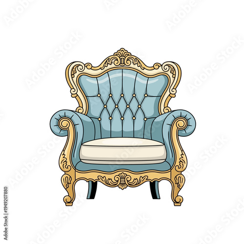 Elegant Blue Tufted Armchair with Ornate Gold Frame
