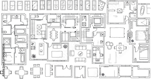 A blurry black and white blueprint or schematic image isolated on transparent background