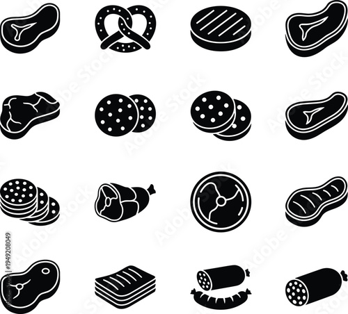 Meat food icon collection steak sausage bacon ham deli products butcher protein meal ingredients vector silhouette set