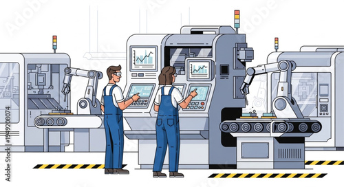 Two workers operating advanced manufacturing machinery in a factory setting.