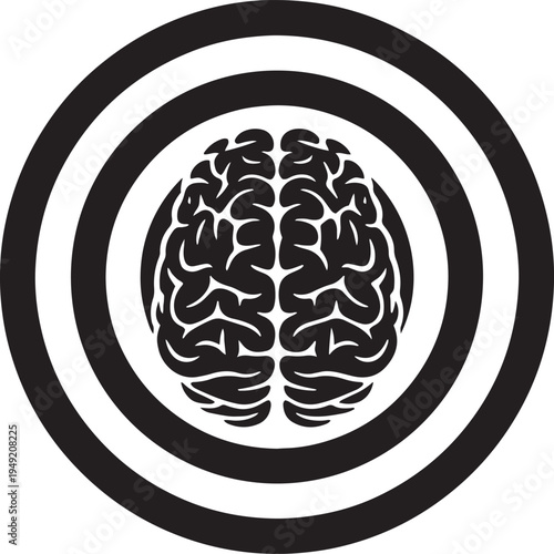 Black and white concentric circles with a stylized human brain in the center mind thinking