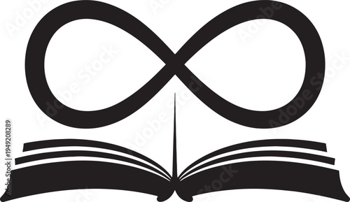 Black infinity symbol above an open book silhouette with fanned pages education knowledge