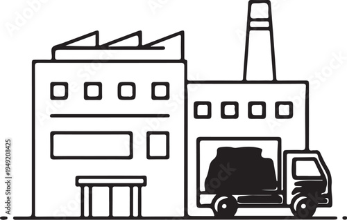 Factory building with truck loading dock, simple line art vector illustration