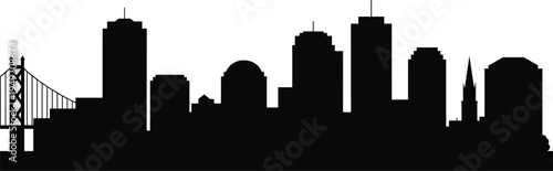 San Francisco skyline silhouette with Bay Bridge and downtown skyscrapers isolated on white background, modern American urban architecture panorama for travel design