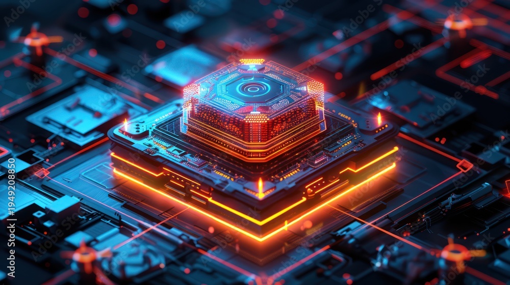 Fototapeta premium Futuristic digital circuit board with a glowing CPU at the center, rendered in neon colors
