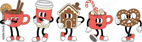 cute winter drink and snack mascots, hot cocoa cup, coffee cup, gingerbread house, pretzel character, festive cartoon vector illustration