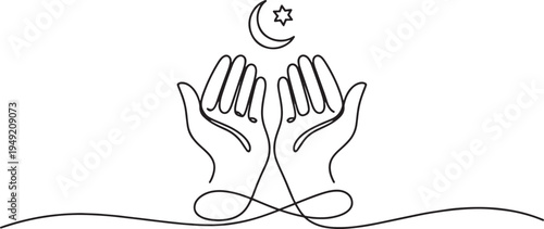 Islamic Crescent Moon and Star Above Praying Hands Continuous Line Art prayer worship