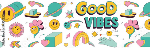 Good vibes retro illustration set, colorful smiley flowers, rainbow, planets, hearts, playful doodle elements, vibrant vector design collection