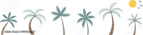 minimalist tropical palm tree collection, summer beach island plants with sun and birds, flat nature vector illustration set