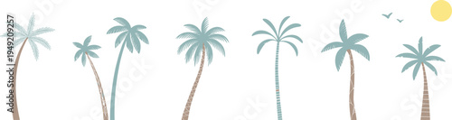 minimal tropical palm tree collection, beach island nature plants with sun and birds, summer flat vector illustration set