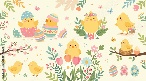 Adorable Easter Chicks and Floral Springtime Elements Illustration.