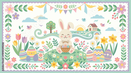 Charming Easter Bunny Amidst Floral Splendor and Decorated Eggs.