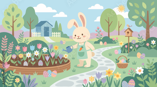Bunny Gardener Watering Flowers in a Spring Garden.