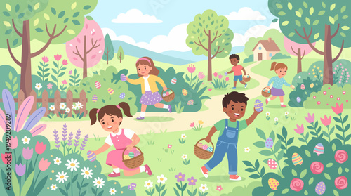 Children Enjoying an Easter Egg Hunt in a Colorful Spring Garden.