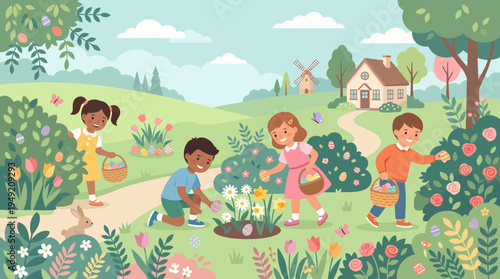 Children Enjoying Easter Egg Hunt in a Flower Garden.
