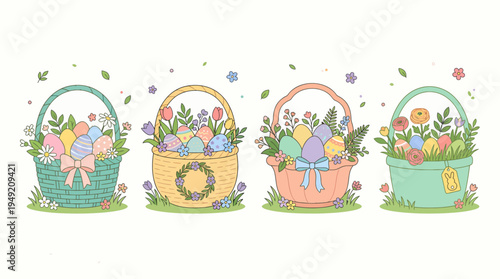 Colorful Easter Baskets with Eggs and Flowers Illustration.