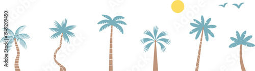 tropical palm tree set, minimalist summer beach island plants with sun and birds, flat nature vector illustration collection