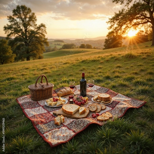 Picnic with wine and cheese at sunset in a scenic outdoor setting