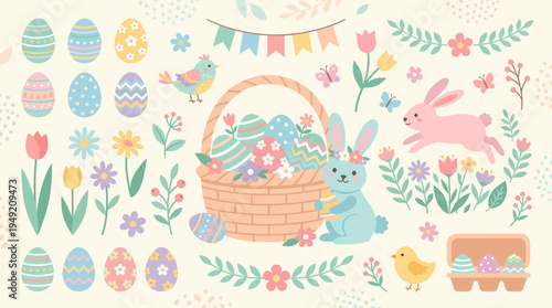 Delicate Easter Illustration with Basket, Bunny, and Floral Accents.