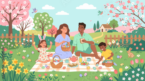 Family Easter Picnic in Spring Garden with Blossoming Trees.