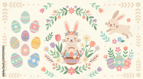 Watercolor Easter Illustration with Bunnies, Eggs, and Floral Wreath.