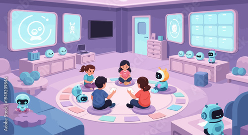 Children and Robots Sitting in Classroom Circle.