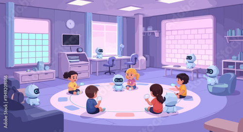 Children Playing with Robots in Classroom.