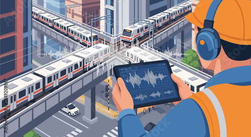 Construction Worker Using Tablet Near Train.