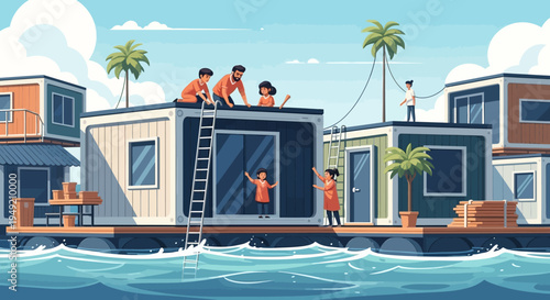 Floating Houseboat with Workers and Palm Trees.