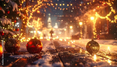 Festive outdoor scene with Christmas ornaments on a snow-covered wooden path. Twinkling lights illuminate a distant cityscape and trees