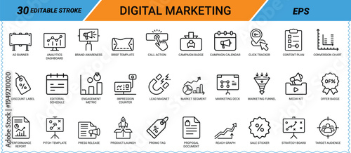 Digital marketing line icons featuring analytics campaign and performance metrics