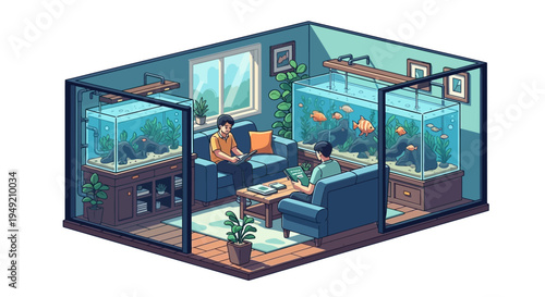 Isometric Living Room with Aquariums and People.