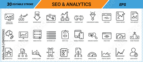 Seo and analytics line icons set for search engine optimization and data reports