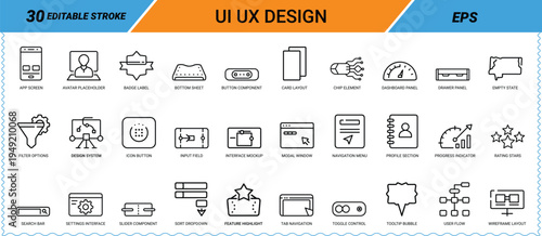 User interface and experience icon set with thirty professional design symbols