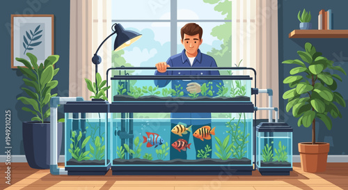 Man Maintaining Large Home Aquarium Tank.