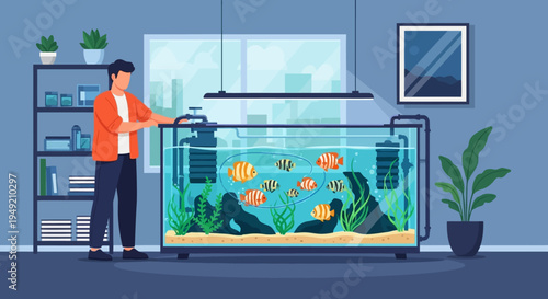 Man Standing Next to Fish Tank.