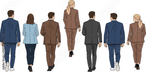 Business people walking rear view collection, professional men and women office workers in suits corporate team vector illustration